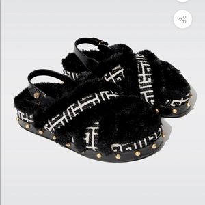 Balmain Flat Sandal Tam-monogram Jacquard & Faux Fur